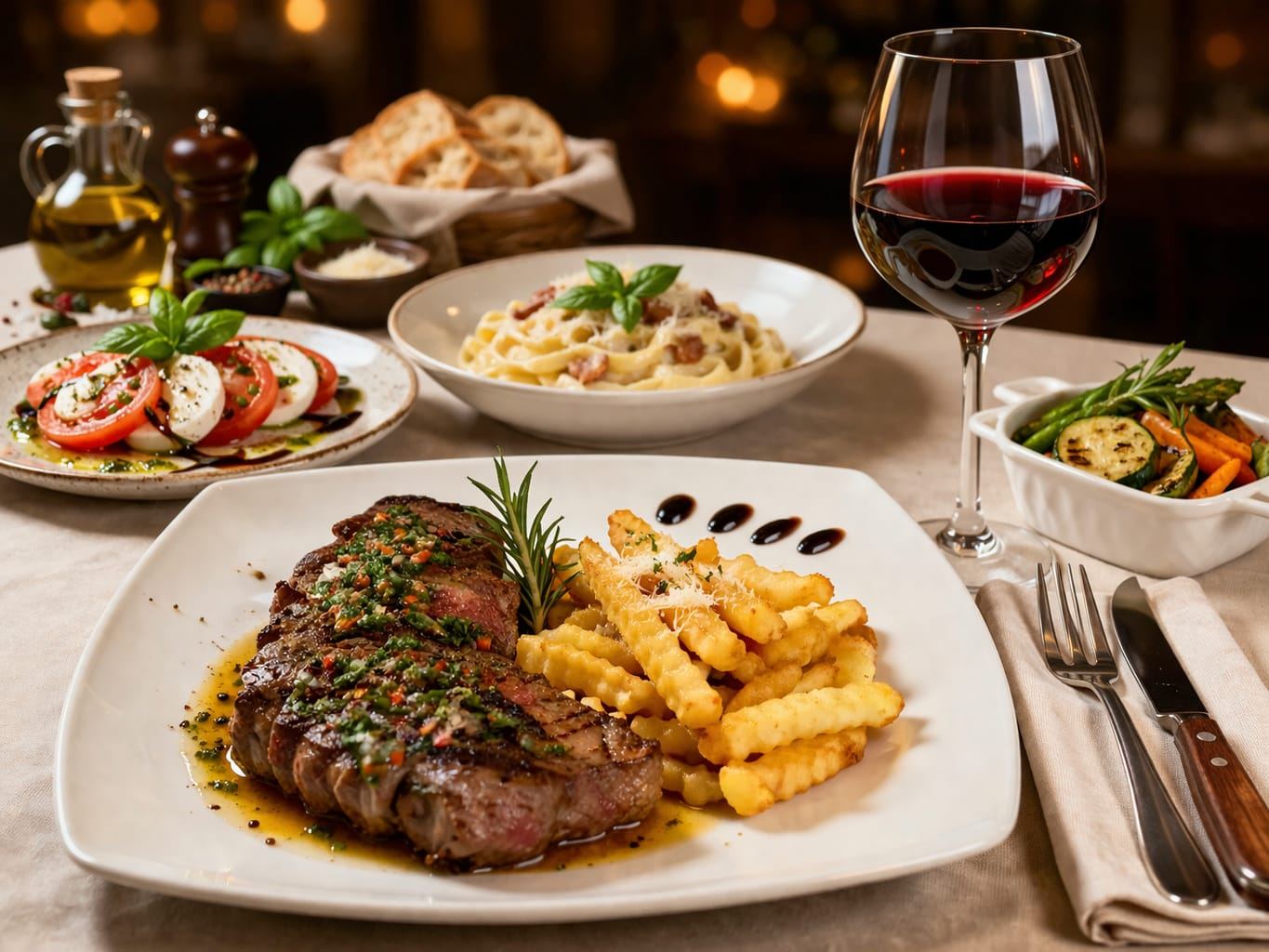 Mesa con pasta, steak, ensalada caprese, vino y vegetales en La Buona Pasta