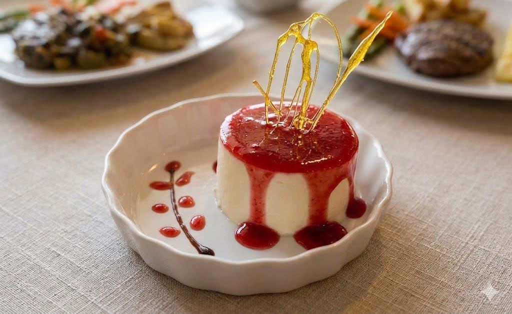 Panna cotta con reducción de frutos rojos y decoración de caramelo artesanal